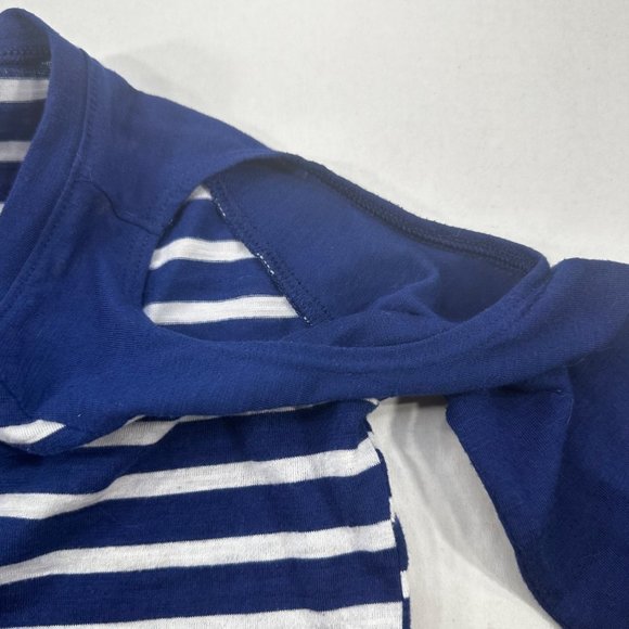 So Women Sz XS Shirt Relaxed Fit Peek-a-boo Shoulders Blue White Stripe Preowned - Picture 3 of 13